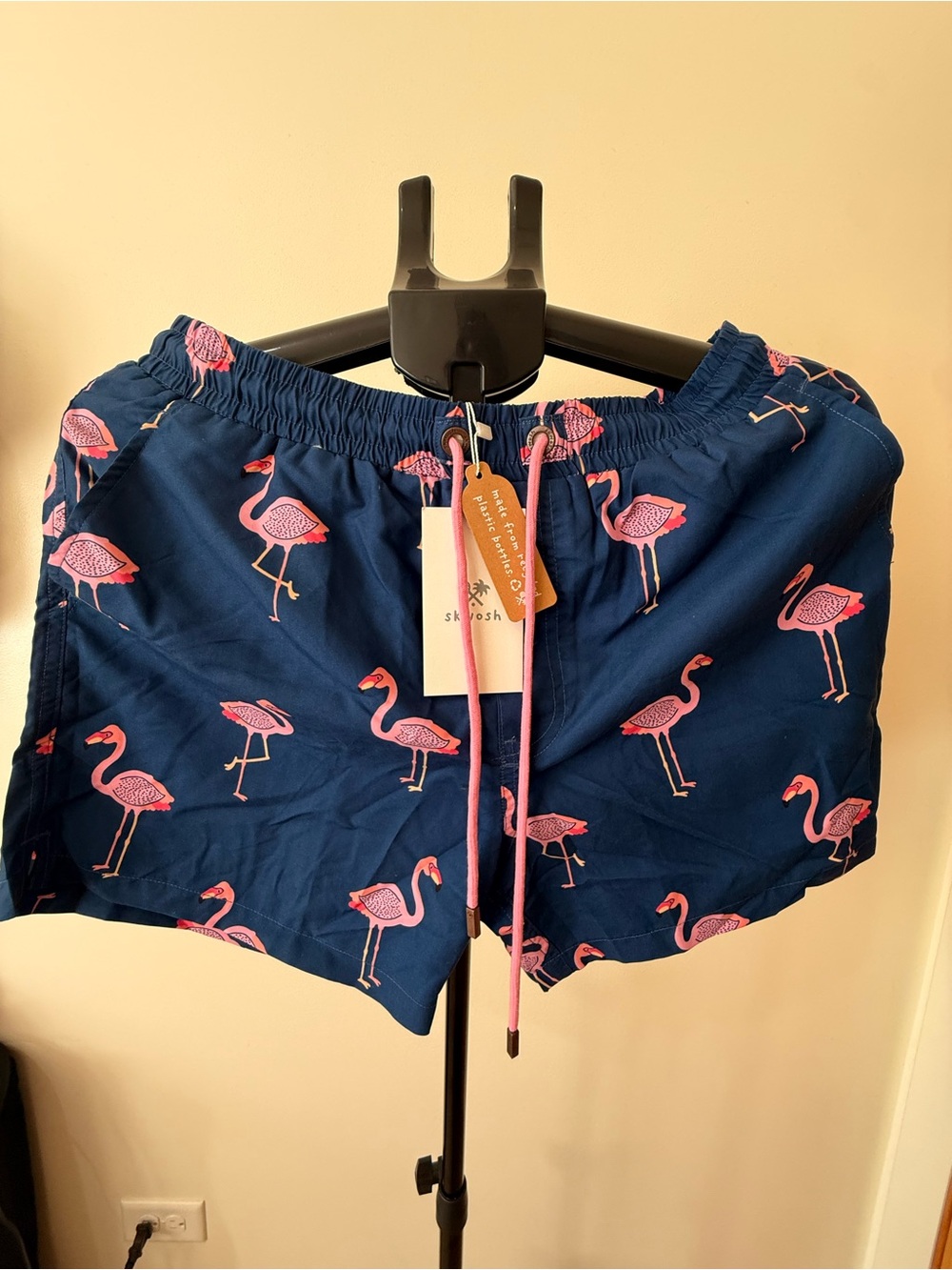 Men's Navy Swim Board Shorts with Pink Flamingo Print